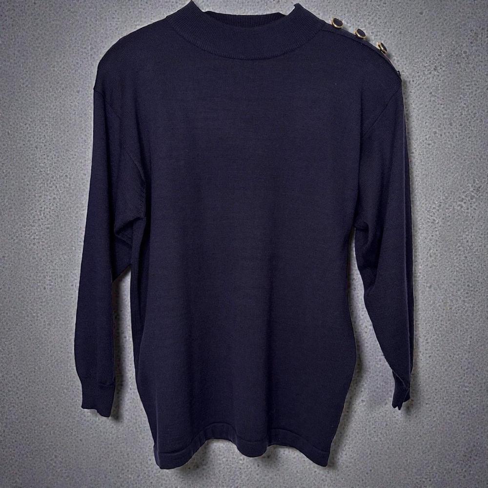 CASUAL CORNER NAVY BLUE MOCK NECK WOOL BLEND SWEATER BUTTON SHOULDER M